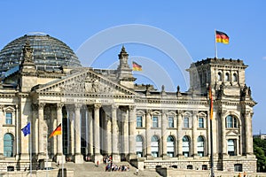 View of front exterior of Reichstag building with glass dome on rooftop in summer