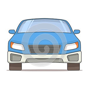 View in front of the sedan modern car windshield and headlights and a bumper, a front grille.In flat line art a vector.