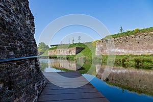 View of the Frontenpark in Maastricht with the steel deck walkways alongside the river to pass the medieval fortifications