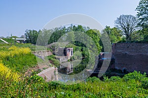 View of the Frontenpark in Maastricht with the steel deck walkways alongside the river to pass the medieval fortifications