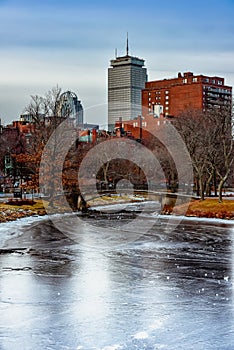 View of frozen Charles River from a Dock by Hatch Memorial Shell in winter, blue sky, Cloudy day, Boston Massachusetts,USA.