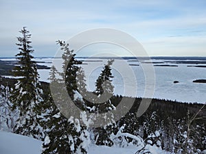 View of a frozen lake in Koli national park in Finland. photo