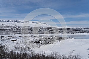 View of the frozen lake SlÃ¸ddfjorden near the village of HaugastÃ¸l, in the municipality of Hol, Viken County, Norway,