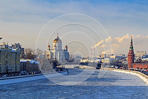 View of frozen Moskva river near the Moscow Kremlin in sunny winter day