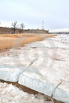 View of Frozen Neva River and Bastion of Peter and Paul Fortress.