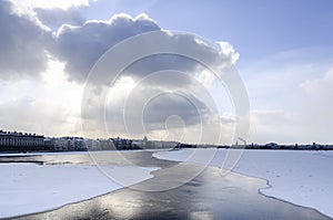 View of the frozen Neva River in St. Petersburg, opening up from the ice