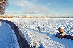 A view of the frozen Neva and the St. Peter and Paul fortress.