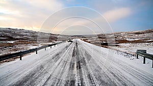 View of a frozen Ring Road in Iceland during Winter