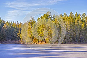 View of frozen Spectacke Lake in Vancouver Island, Canada