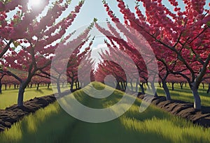 View of a fruitful apple orchard with trees and fruits. View of an agricultural field. Apple trees. Natural example