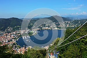 View from funicular Como Lake, point of view on the lake and city with mountains on the bottom, Lombardy Italy summer 2016