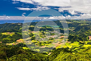 View of Furnas town and lake (Lagoa das Furnas) on Sao Miguel Island, Azores, Portugal from the Miradouro do Salto do Cavalo