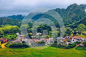 View of Furnas Village in SÃ£o Miguel Island, Azores, Portugal. View of Furnas a famous village for hotsprings geothermal in SÃ£o