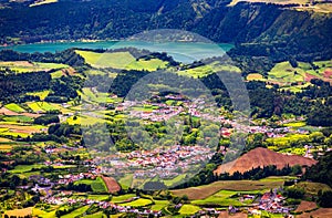 View of Furnas Village in SÃ£o Miguel Island, Azores, Portugal. View of Furnas a famous village for hotsprings geothermal in SÃ£o