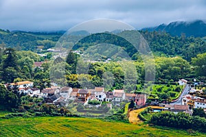 View of Furnas Village in SÃ£o Miguel Island, Azores, Portugal. View of Furnas a famous village for hotsprings geothermal in SÃ£o