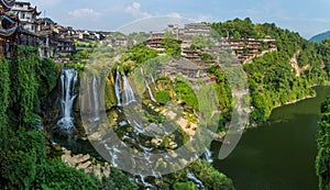 View of Furong Zhen town and waterfall, Hunan province, Chi