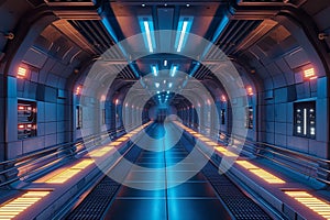 view Futuristic 3D spaceship tunnel gate, abstract sci fi corridor rendering