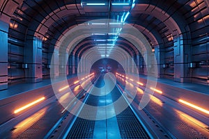 view Futuristic 3D spaceship tunnel gate, abstract sci fi corridor rendering