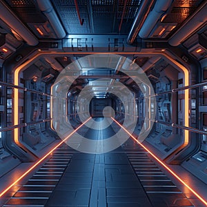 view Futuristic 3D spaceship tunnel gate, abstract sci fi corridor rendering