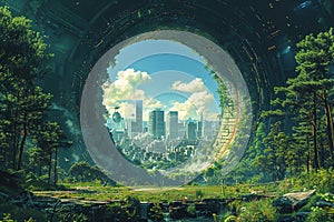 A view of a futuristic city from within a lush circular tunnel, Generated AI