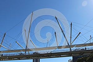 View at the futuristic Kurilpa bridge from river, Brisbane, Australia