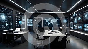 Futuristic virtual workspace with AI-driven project management tools