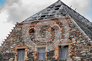 View of Gable of Old House with Fieldstone Wall, Deutsch Ossig