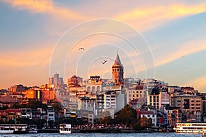 View of the Galata Tower from the Galata Bridge. Istanbul. Turkey.