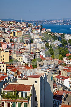 The view from the Galata tower to the residental houses with Bosphorus Strait, Istanbul