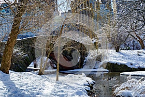 View of Gapstow bridge during winter, Central Park New York City . USA