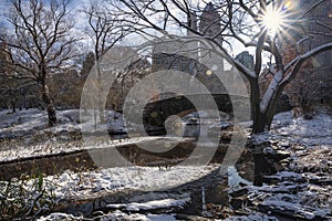 View of Gapstow bridge during winter, Central Park New York City . USA