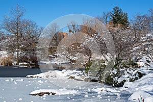 View of Gapstow bridge during winter, Central Park New York City . USA