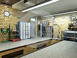 View of a Garage 3D Interior with Opened Roller Door 3D Renderin