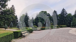 View of the garden, at the Curtea de Arges Monastery, in Romania.