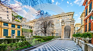 View of a garden situated between palazzo bianco and palazzo doria tursi palace in Genoa, Italy...IMAGE