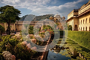 View of the gardens of Jaipur Palace, Garden on Maota Lake, Amber Fort, Jaipur, India, AI Generated