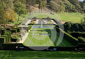 View of the gardens and the wider Somerset landscape from boutique hotel The Newt in Somerset, UK.