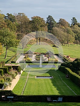 View of the gardens and the wider Somerset landscape from boutique hotel The Newt in Somerset, UK.