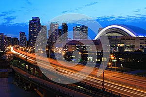 View by the Gardiner Expressway in Toronto after dark