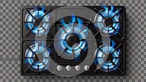 View of a gas stove with a blue flame and a black steel grates. A real 3D modern of a propane butane flame in a cooking
