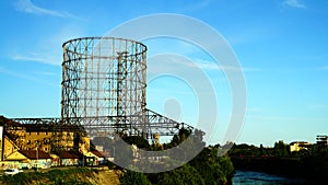 View of the gasometer, a structure designed in the nineteenth century with the aim of storing city gas near the Tiber river in Rom