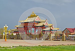 View of the gate of the Buddhist temple complex `Golden Abode of Buddha Shakyamuni.` Elista, Kalmykia