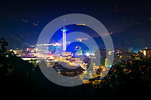 View of Gatlinburg at night, seen from Foothills Parkway in Great Smoky Mountains National Park, Tennessee.