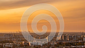 View of Gdansk, Przymorze and Wrzeszcz district, Poland. Commercial building, stadium and DCT. View from Pacholek hill.