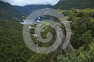 View of Geiranger Fjord from Flydalsjuvet viewpoint, More og Romsdal county, Norway