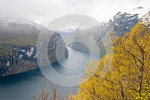 View on Geiranger Fjord in Norway. Landscape, nature, travel and tourism