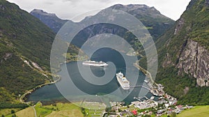 View of Geiranger fjord, Norway. World Heritage Site of Unesco,Aerial footage.