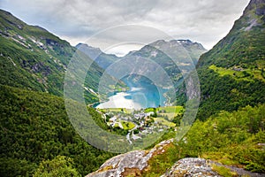 View on Geiranger village from Flydalsjuvet viewpoint, Norway