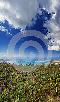 View of Gelendzhik from the height of the Markoth ridge. In the foreground spring grass and flowers.