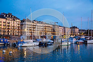 View of Geneva City and Lake Geneva Port after sunset